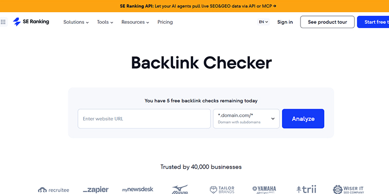 Untitled-2 | tycoonstory media Backlink checker tool header with url input, domain type dropdown, and analyze button on se ranking site.