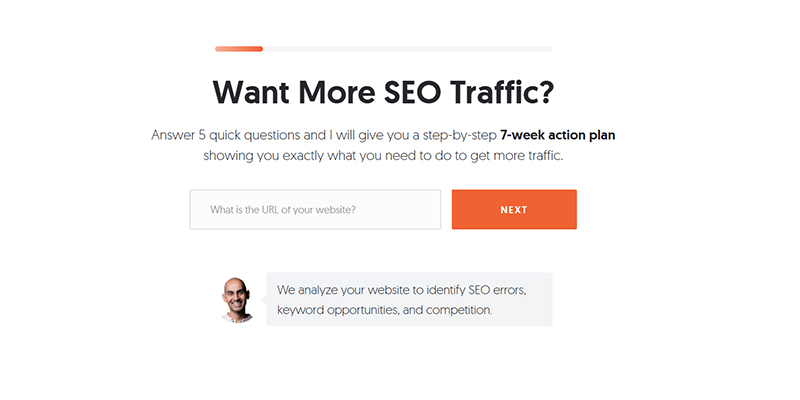 Untitled-3 | tycoonstory media Hero section offering an seo quiz with a progress bar, input field for url, and orange next button on a white background.