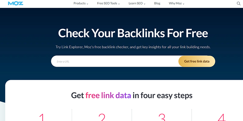 Untitled-8 | tycoonstory media Moz backlinks checker hero: dark gradient banner with headline 'check your backlinks for free', subtitle, a url input field, and a yellow 'get free link data' button.