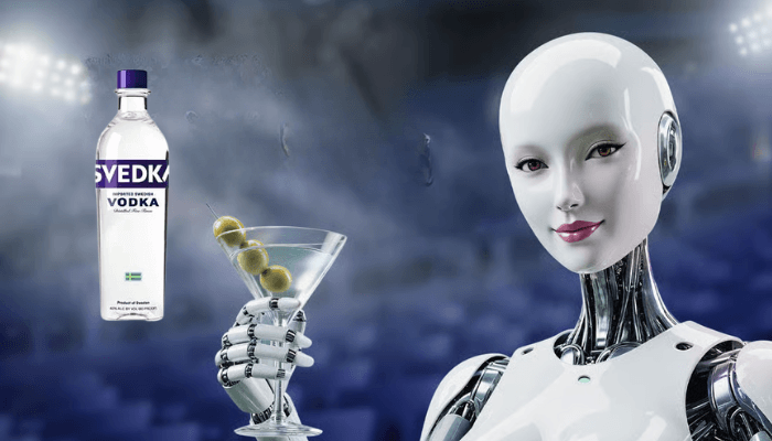 Svedka – ai super bowl campaign | tycoonstory media Svedka – ai super bowl campaign featuring a humanoid robot holding a martini glass and vodka bottle, showcasing successful pr campaigns that leverage ai and pop culture.