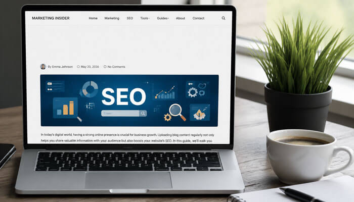 Upload blog for business complete seo guide to grow online - tycoonstory | tycoonstory media Upload blog for business example showing seo blog publishing on a laptop with digital marketing and content optimization tools