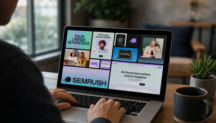 Best seo tools for 2026 and why semrush one changes the game | tycoonstory media Semrush one dashboard on a laptop showing brand visibility and search performance tools for modern seo tracking