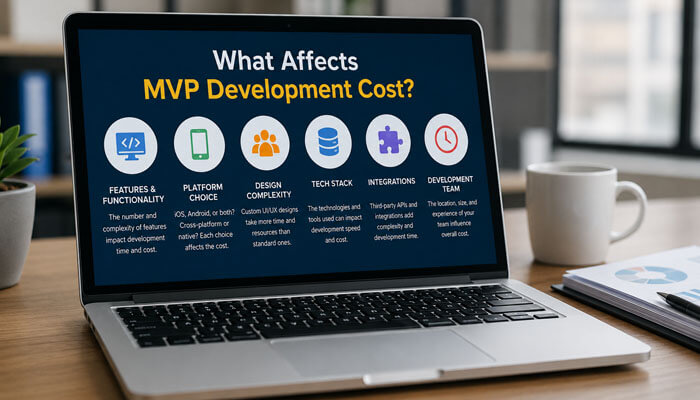 What affects mvp development cost - tycoonstory | tycoonstory media Mvp development services for startups cost factors shown on a laptop, including features, platform choice, design, tech stack, integrations, and team size.