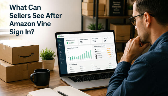 What can sellers see after amazon vine sign in - tycoonstory | tycoonstory media Amazon vine sign in seller dashboard showing enrolled products, product performance, and vine review activity.