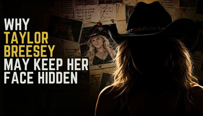Why taylor breesey may keep her face hidden - tycoonstory | tycoonstory media Dark promotional poster: silhouette of a woman in a wide hat facing a wall of photos; bold headline asks why taylor bree(sey) may keep her face hidden.