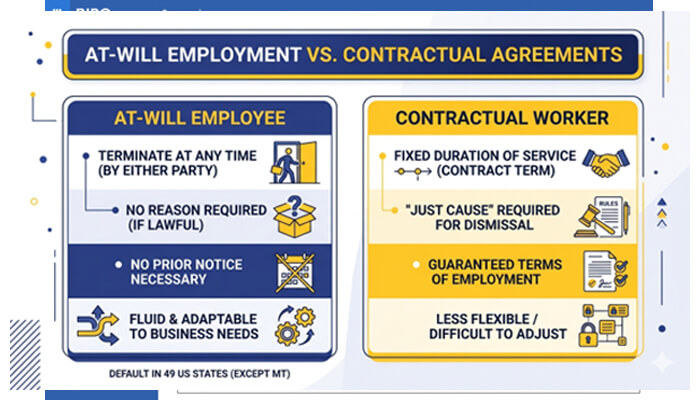 Will employee | tycoonstory media Infographic comparing at-will employment vs. Contractual agreements with two columns titled ‘at-will employee’ and ‘contractual worker. ’ highlights include termination rules, notice, and terms of service.