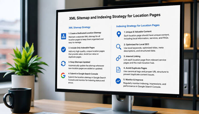 Xml sitemap and indexing strategy for location pages - tycoonstory | tycoonstory media Multi location seo indexing strategy displayed on a monitor with xml sitemap steps and location page optimization tips.