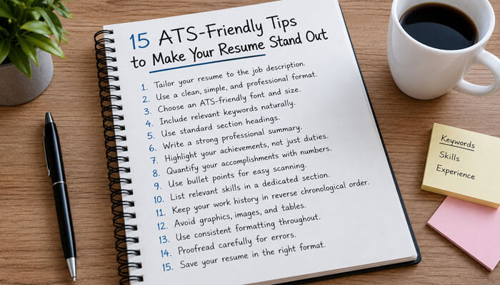 15 ats-friendly tips to make your resume stand out - tycoonstory | tycoonstory media Modern job seeker editing a professional resume on a laptop demonstrating how to make a resume stand out with 15 ats-friendly tips.