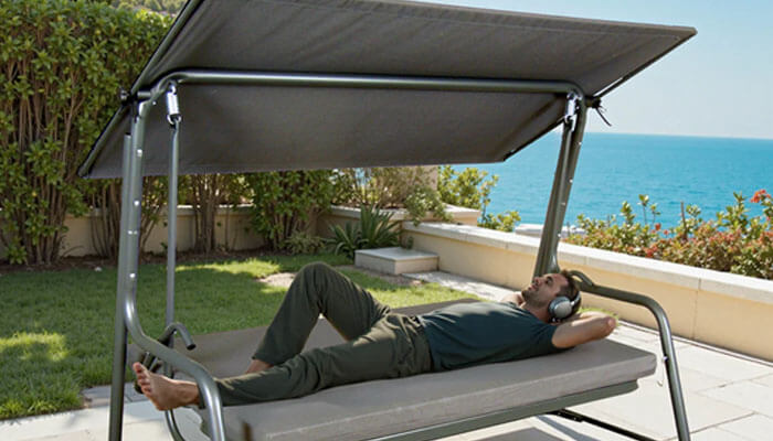 A comfortable outdoor lounge chair - tycoonstory | tycoonstory media Man in headphones relaxing on an outdoor cushioned swing with a canopy, overlooking the ocean.
