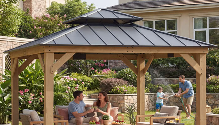 A gazebo or pergola - tycoonstory | tycoonstory media A wooden gazebo with a metal roof in a landscaped backyard; a couple sits on outdoor furniture under the gazebo while a man and child water plants in the background.