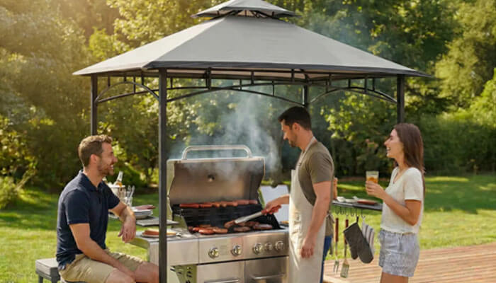 A premium grilling tool set - tycoonstory | tycoonstory media Three friends barbecue at a backyard grill under a gazebo, grilling sausages on a sunny day.