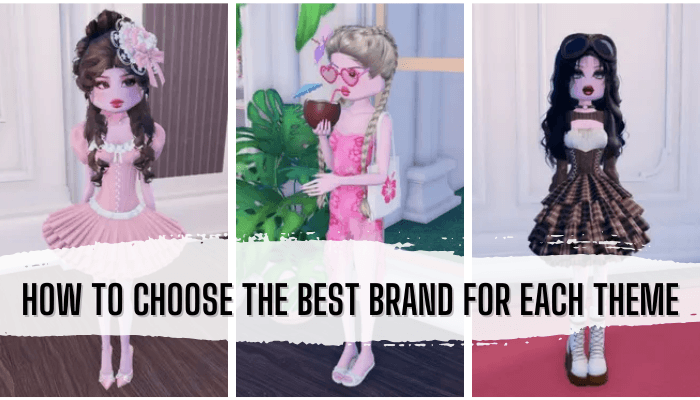 Brand dti - tycoonstory | tycoonstory media Brand dti fashion theme guide showing three styled avatars demonstrating how to choose the best brand for each outfit theme.