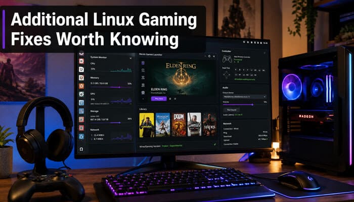 Additional linux gaming fixes worth knowing - tycoonstory | tycoonstory media Tech hacks pblinuxgaming linux gaming setup with system monitor dashboard, steam library, fps stats and optimized desktop performance tools