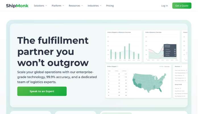 Apparel fulfillment services | tycoonstory media Hero section: headline 'the fulfillment partner you won’t outgrow', green 'speak to an expert' button, and a chart collage with a united states map.