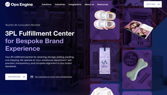 Apparel fulfillment services 3 | tycoonstory media Hero banner for ops engine promoting 3pl fulfillment center for bespoke brand experiences with product images and shelving visuals on a dark purple background.