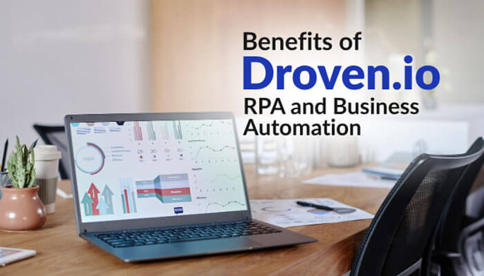 Benefits of droven io rpa and business automation - tycoonstory | tycoonstory media Laptop on office desk displaying analytics and workflow dashboards highlighting the benefits of droven. Io rpa and business automation for streamlining business operations and improving efficiency.