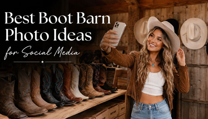 Best boot barn photo ideas for social media - tycoonstroy | tycoonstory media Boot barn photos showing a woman taking a mirror selfie in a western wear store with cowboy boots, hats, denim, and outfit inspiration.