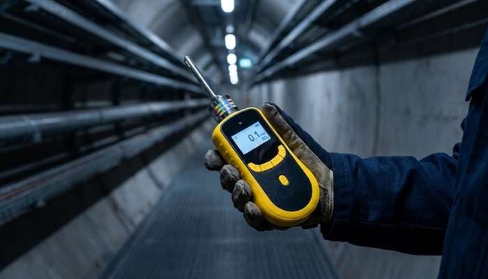 Best hcl gas detector 1 | tycoonstory media Worker in a tunnel uses a yellow handheld gas detector with a probe, monitoring air quality in an industrial setting.