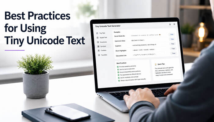 Best practices for using tiny unicode text - tycoonstory | tycoonstory media Hands typing on a laptop showing best practices for using a small text generator with examples of tiny unicode text.