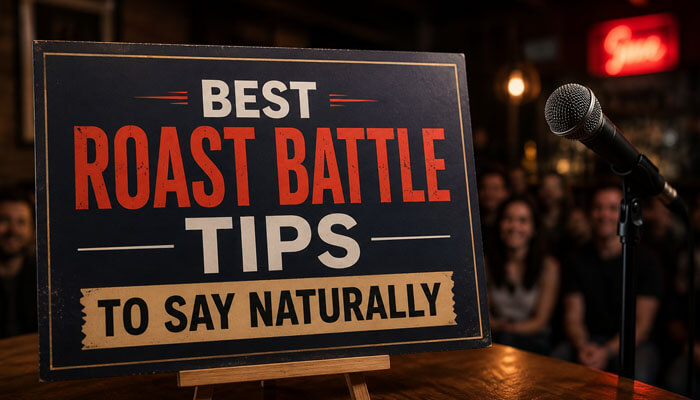 Best roast battle tips to say naturally - tycoonstroy | tycoonstory media Roast battle tips to say displayed on a comedy club sign beside a microphone with a laughing audience in the background.