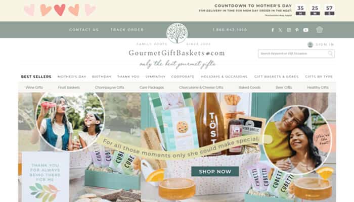 Gourmetgiftbaskets best for browsing | tycoonstory media Birthday gift baskets shown on gourmetgiftbaskets website featuring a wide range of curated food and snack gift boxes for various birthday occasions.