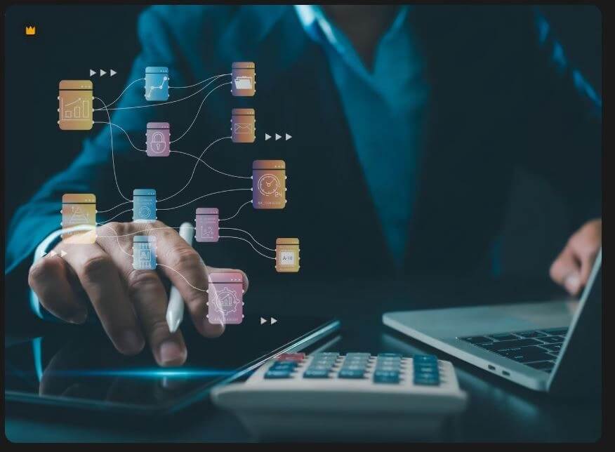 Elastic stack cluster failures consulting prevents - tycoonstory | tycoonstory media Hands gesture over a tablet with floating colorful app icons connected by lines, illustrating a digital workflow.