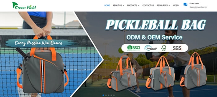 Greenfield bag | tycoonstory media Greenfield bag website banner showing pickleball bags and outdoor sports backpacks, representing eco-friendly production from leading oem bag manufacturers focused on sustainable bag solutions.