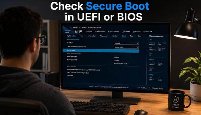 Check secure boot in uefi or bios - tycoonstory | tycoonstory media Realistic view of a user accessing uefi bios settings with secure boot option highlighted, demonstrating how to check if secure boot is enabled in bios or uefi mode.