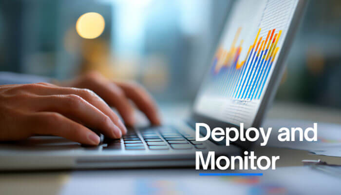 Deploy and monitor - tycoonstory | tycoonstory media Hands typing on a laptop deploying and monitoring automated workflows with droven. Io rpa and business automation, showing real-time performance charts and business process optimization.