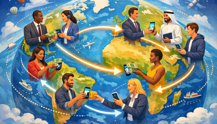 Digital currencies and stablecoins - tycoonstory | tycoonstory media Diverse people around a world map exchanging money and mobile devices to show international money transfers.