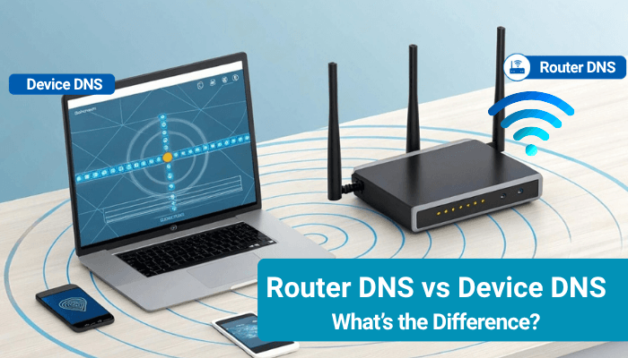 How to fix dns server not responding | tycoonstory media Comparison of router dns and device dns on laptop and router, illustrating how to fix dns server not responding issues.