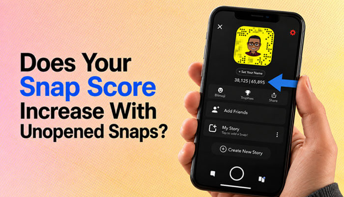 Does your snap score increase with unopened snaps? - tycoonstory | tycoonstory media Hand holding a smartphone displaying snapchat snap score screen with highlighted score numbers and blue arrow, illustrating whether snap score increases with unopened snaps for deeper snapchat engagement insights.