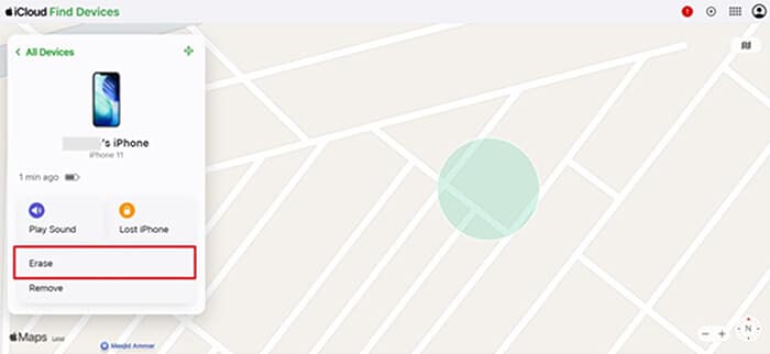 Moving forward, press the “erase” option to complete the process. | tycoonstory media Icloud find my map view with the erase option highlighted for an iphone, demonstrating how to remove an iphone passcode remotely.