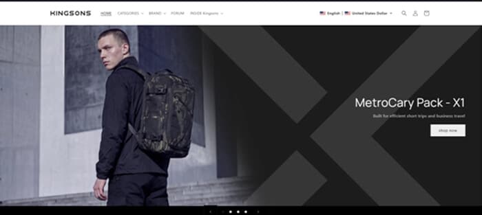 Kingsons | tycoonstory media Kingsons website banner showing a model wearing a backpack product, representing innovative designs from leading oem bag manufacturers specializing in tech and business backpacks.