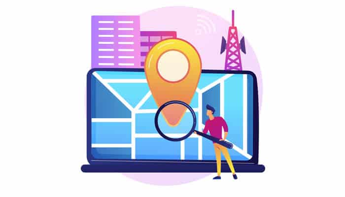 Why a business address in admiralty empowers growth teams | tycoonstory media Digital illustration of a laptop screen showing a map location pin and magnifying glass, representing search and verification of a business address in a modern digital environment.