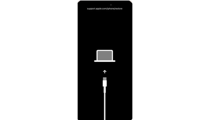 Restore iphone | tycoonstory media Iphone recovery mode screen showing a cable and computer icon, indicating the device is in recovery mode for fixing a forgotten iphone passcode.