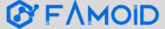Famoid | tycoonstory media Famoid logo with a blue hexagonal molecule icon to the left on a gray background.
