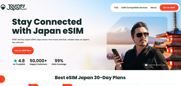 Journey japan esim | tycoonstory media Hero banner for journey japan esim: man holding a smartphone with mount fuji and a pagoda in the background; headline'Stay Connected with Japan eSIM' and a red 'Get an eSIM Now' button.