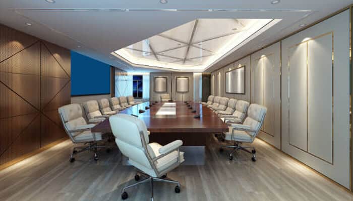 accessing luxury built-in meeting rooms and boardrooms | tycoonstory media Modern luxury conference room with long table, executive chairs, and premium interior design representing high-end business address facilities for meetings and boardrooms.