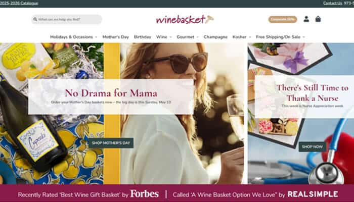 Winebasket. Com best overalldeliberate pairings | tycoonstory media Wine and chocolate gift baskets homepage showing curated gift selections for occasions like mother’s day and appreciation gifts with premium wine and chocolate combinations.