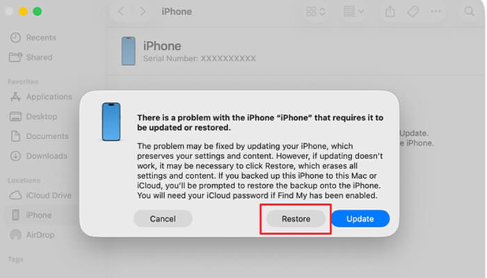 Restore iphone | tycoonstory media Macos finder dialog showing restore and update options for a connected iphone, used to reset an iphone passcode through system recovery.