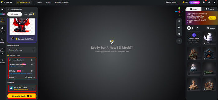 Fdfvdfc d 1 | tycoonstory media Ui screenshot of a 3d model generator: left controls, center workspace reading 'ready for a new 3d model? ', right assets panel.