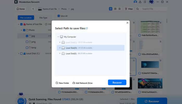 Preview and recover media files | tycoonstory media Camera memory card data recovery software free download showing the save-location window for restoring selected photos and media files.