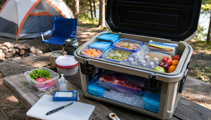 Food safety and cooler packing tips for camping - tycoonstory 1 | tycoonstory media Best camping gear checklist featuring a packed cooler, ice packs, camping food, cutting board, and campsite setup