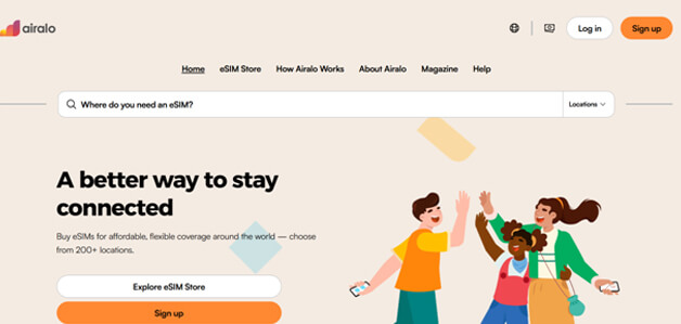 Airalo | tycoonstory media Airalo homepage hero showing a diverse group celebrating, with headline'A better way to stay connected' and actions 'Explore eSIM Store' and 'Sign up'.