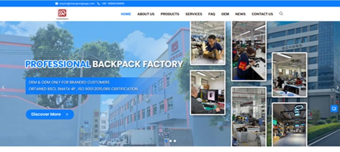Changrong | tycoonstory media Website homepage of changrong showing a professional backpack factory with production images and certifications, representing leading oem bag manufacturers in china.