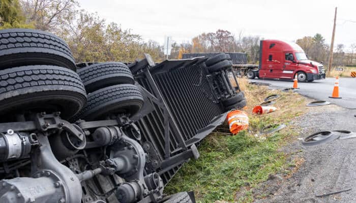 What factors commonly contribute to truck accidents? | tycoonstory media Overturned truck on roadside after severe crash with scattered debris and a red semi-truck in background, illustrating causes and risks in vehicle accidents involving commercial vehicles.