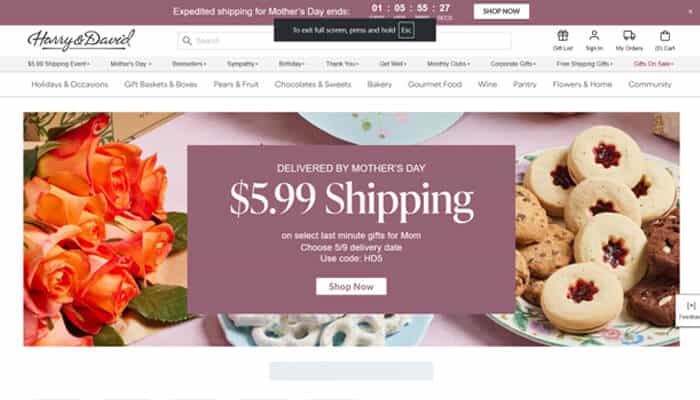 Harry & david most recognized brand | tycoonstory media Birthday gift baskets shown on harry & david website with promotional banner highlighting gourmet treats, cookies, and gift sets ideal for birthday gifting.