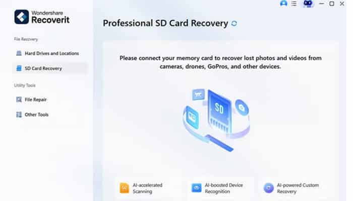 Launch the sd card recovery tool | tycoonstory media Recoverit sd card recovery interface used as camera memory card data recovery software free download to restore lost photos and videos.