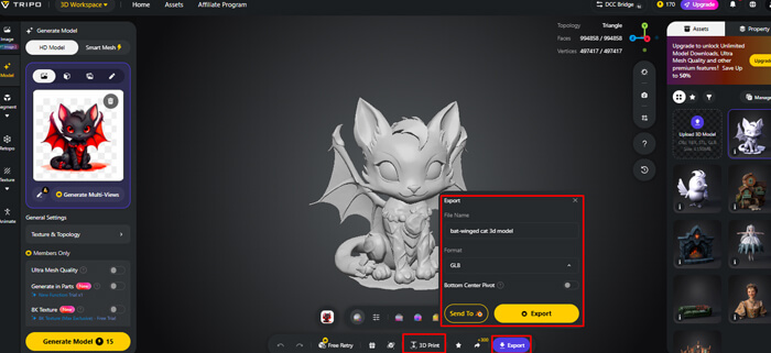 Ghnghnvgh 1 | tycoonstory media 3d modeling app ui with a gray dragon character centered; an export dialog is open in the middle, showing name and format options.